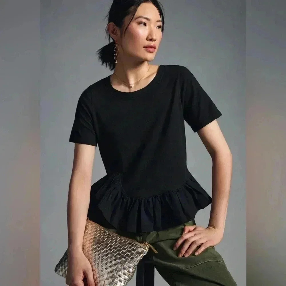 Maeve Anthropologie Ruffle-Hem Blouse Top Solid Black High Low Smal (00887)